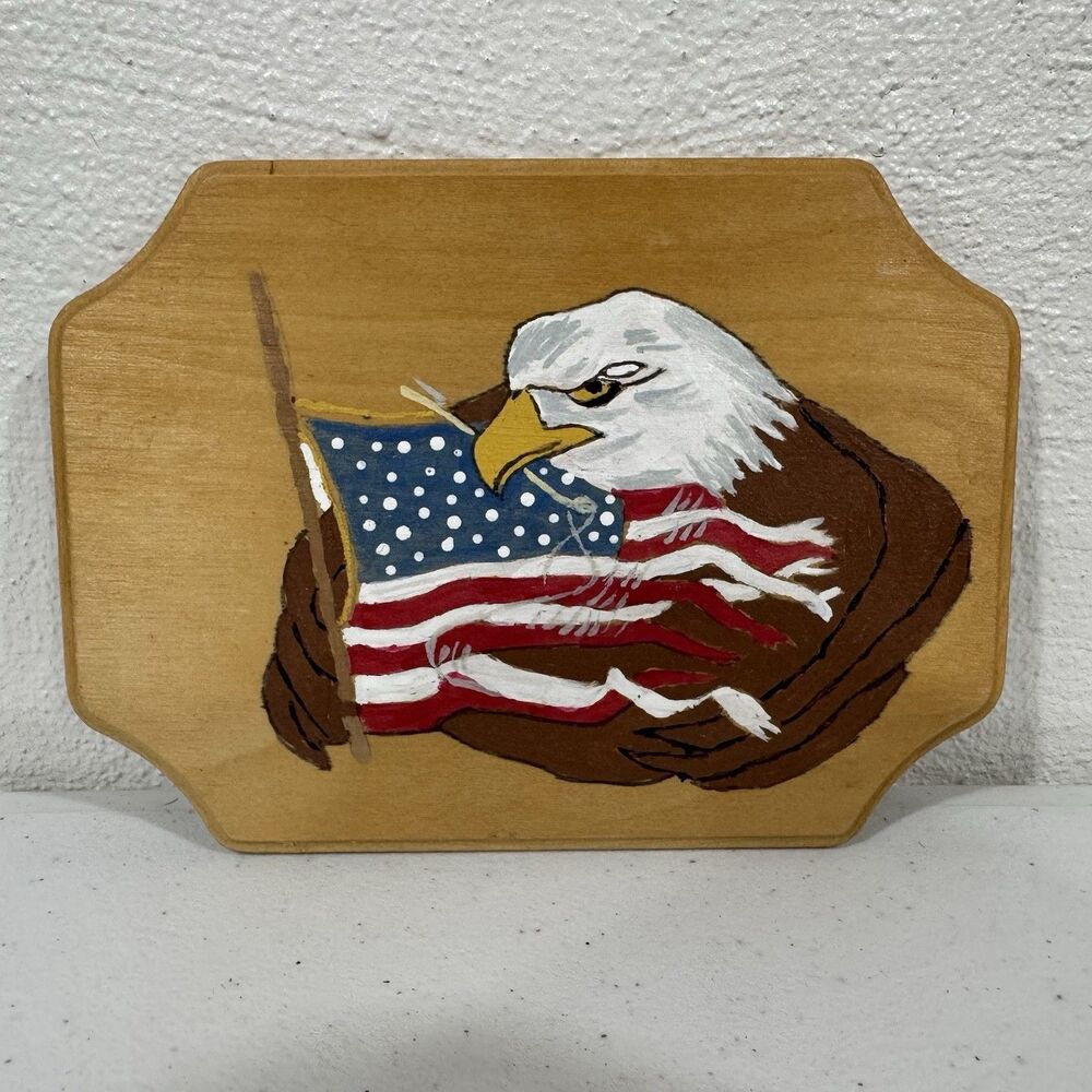 Hand-Painted Wood Plaque American Flag Bald Eagle Patriotic Wall Decor